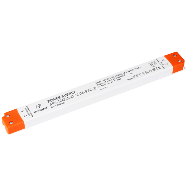 Блок питания ARV-SN24060-SLIM-PFC-B (24V, 2.5A, 60W) (Arlight, IP20 Пластик, 3 года)