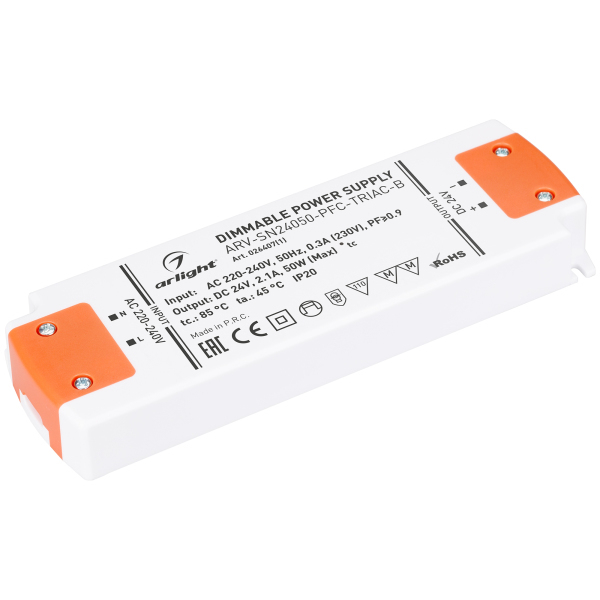 Блок питания ARV-SN24050-PFC-TRIAC-B (24V, 2.1A, 50W) (Arlight, IP20 Пластик, 3 года)