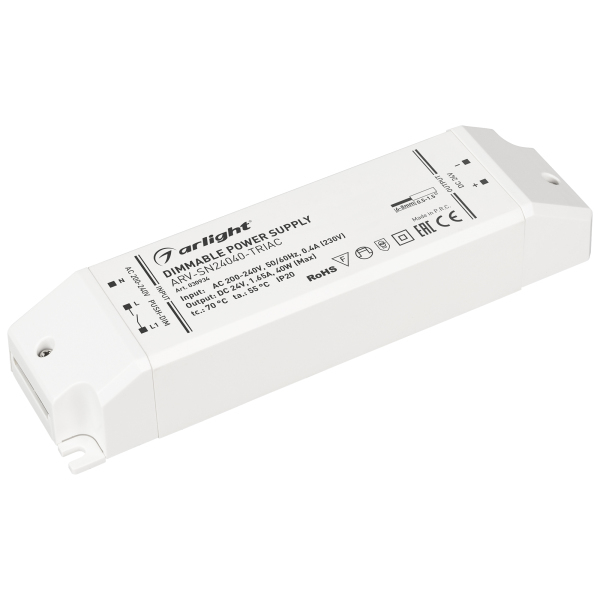 Блок питания ARV-SN24040-TRIAC (24V, 1.65A, 40W) (Arlight, IP20 Пластик, 3 года)