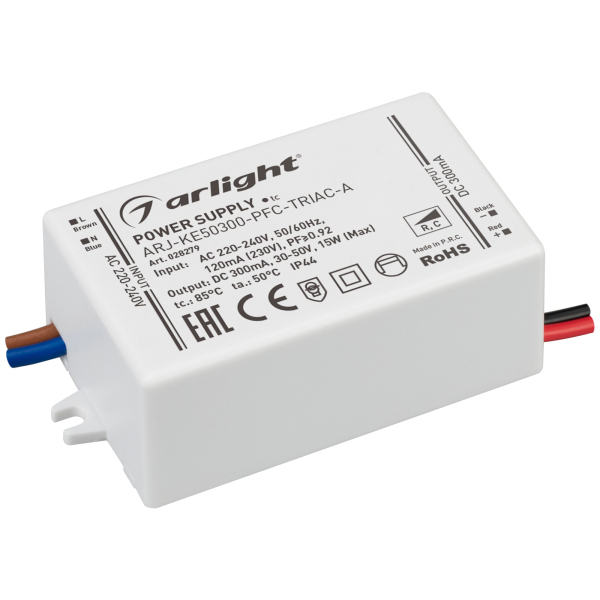 Блок питания ARJ-KE50300-PFC-TRIAC-A (15W, 300mA) (Arlight, IP44 Пластик, 5 лет)