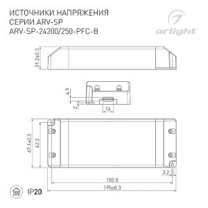 Блок питания ARV-SP-24200-PFC-B (24V, 8.3A, 200W) (Arlight, IP20 Пластик, 5 лет)